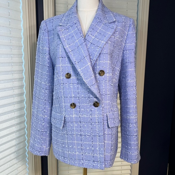 Women's Periwinkle Tweed Double-Breasted Blazer - Picture 3 of 7